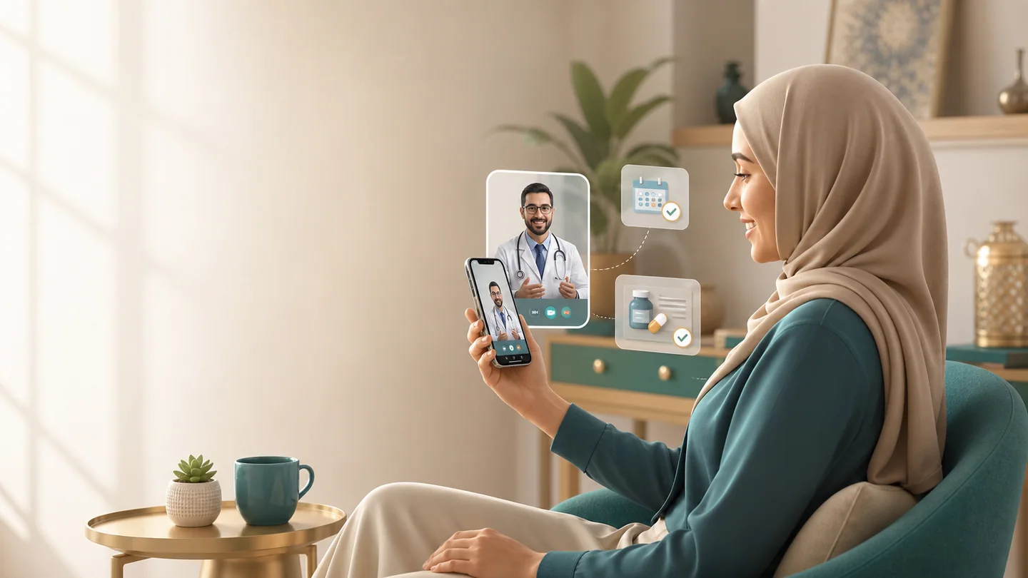 مريضة تبدأ استشارة فيديو من المنزل